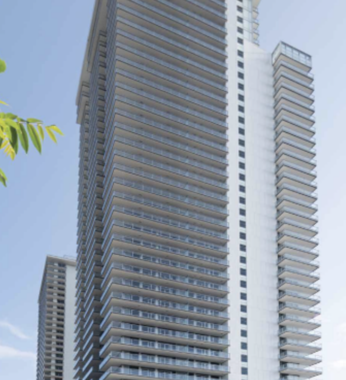 The City of Lougheed exterior streetscape showing high rise towers, retail promenade and public plaza in Burnaby